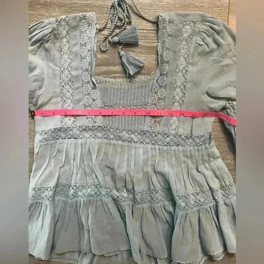 Free People Light Blue Peasant Top with Lace Accents and Tassel Tie Size XS - Picture 7 of 8